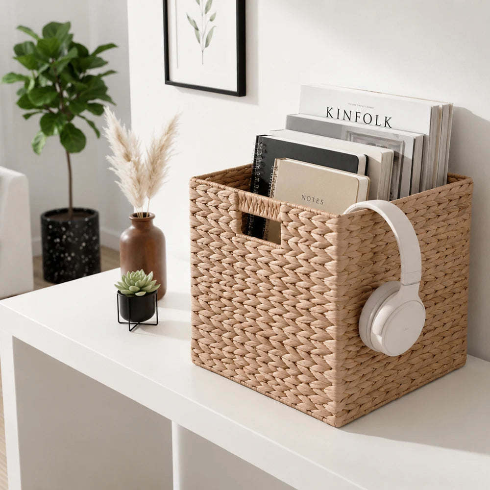 Water Hyacinth Folding Storage Baskets With Handles For Home Organization