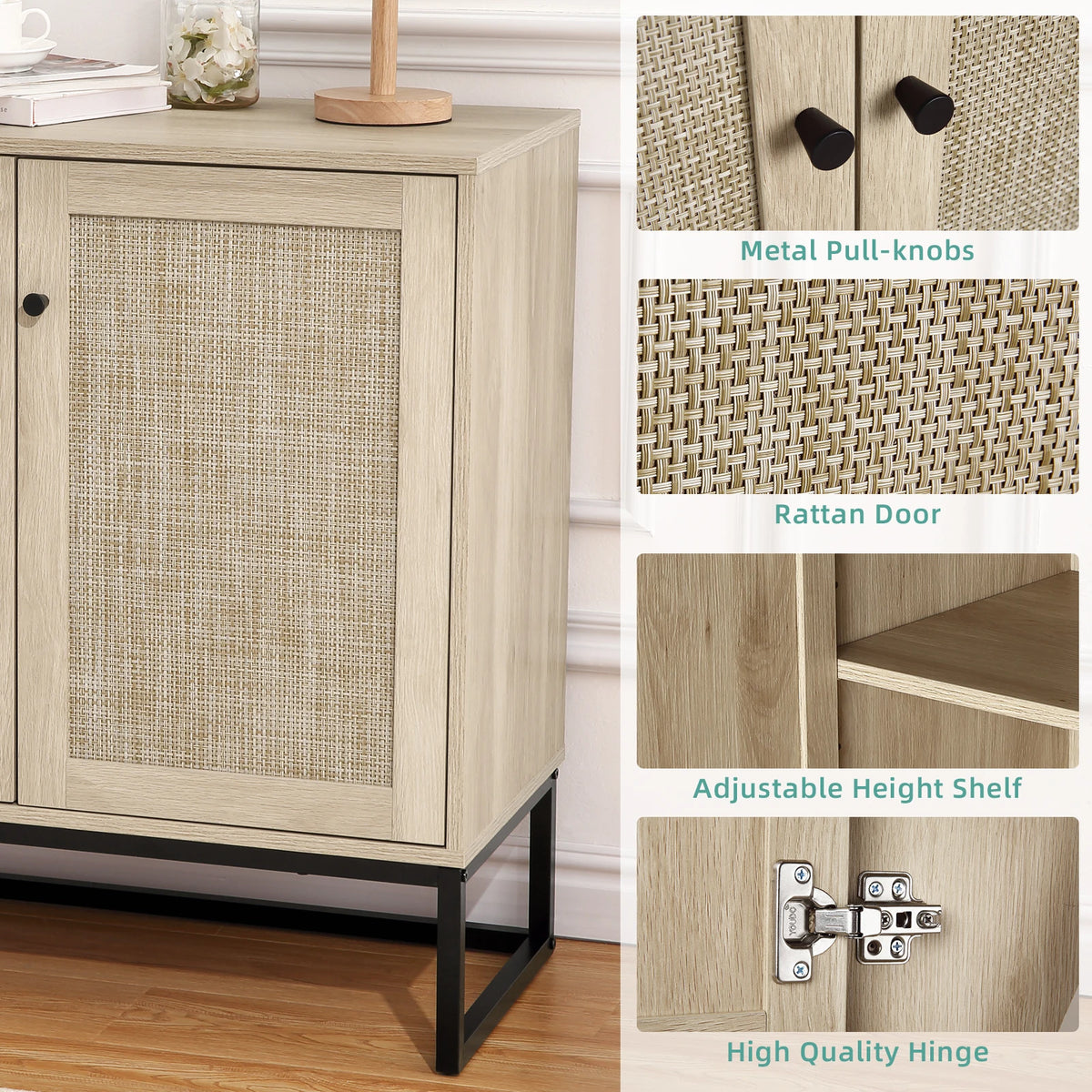 HiMISS Rattan Sideboard Buffet Cabinet With Adjustable Storage Shelves