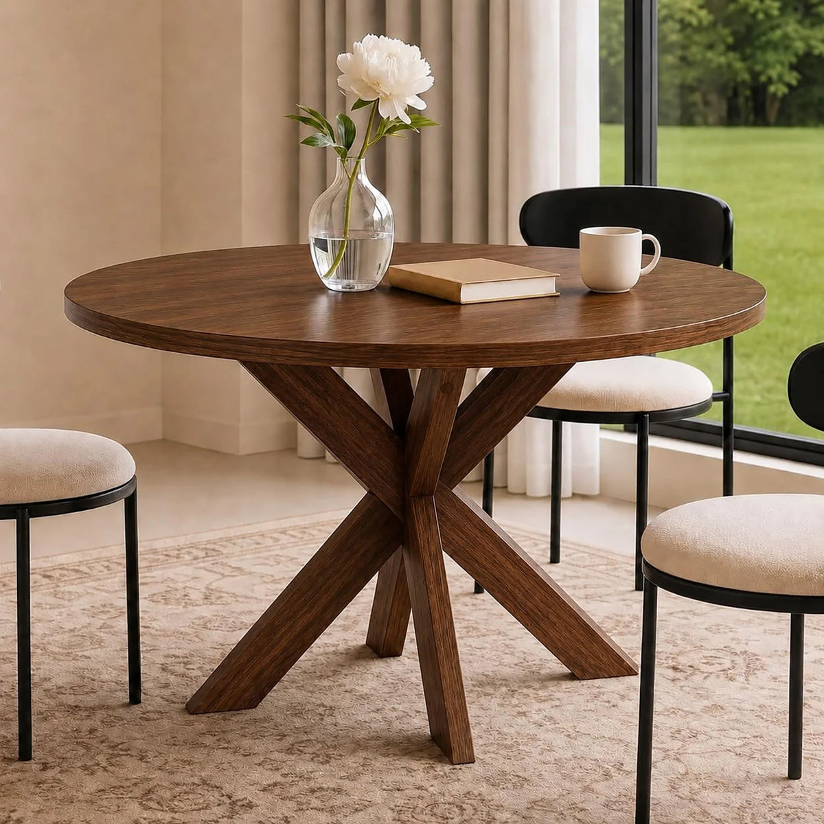 HiMISS Farmhouse Round Dining Table With X Pedestal Base
