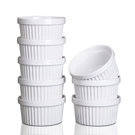 8pcs 4 Inch White Ceramic Ramekin Bowls Set, Oven Microwave Freezer Dishwasher Safe Porcelain Ramekins for Crème Brûlée Pudding Dessert Souffle