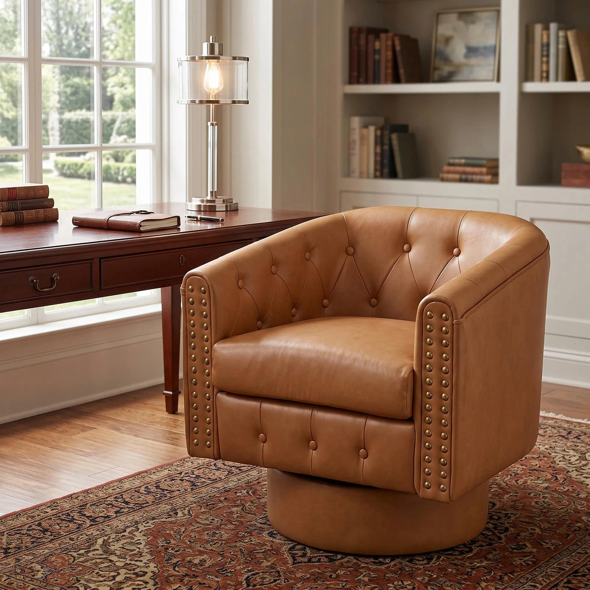 HiMISS Swivel Barrel Accent Chair With Riveted Leather Cushion