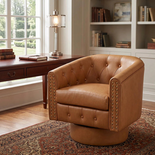 HiMISS Swivel Barrel Accent Chair With Riveted Leather Cushion