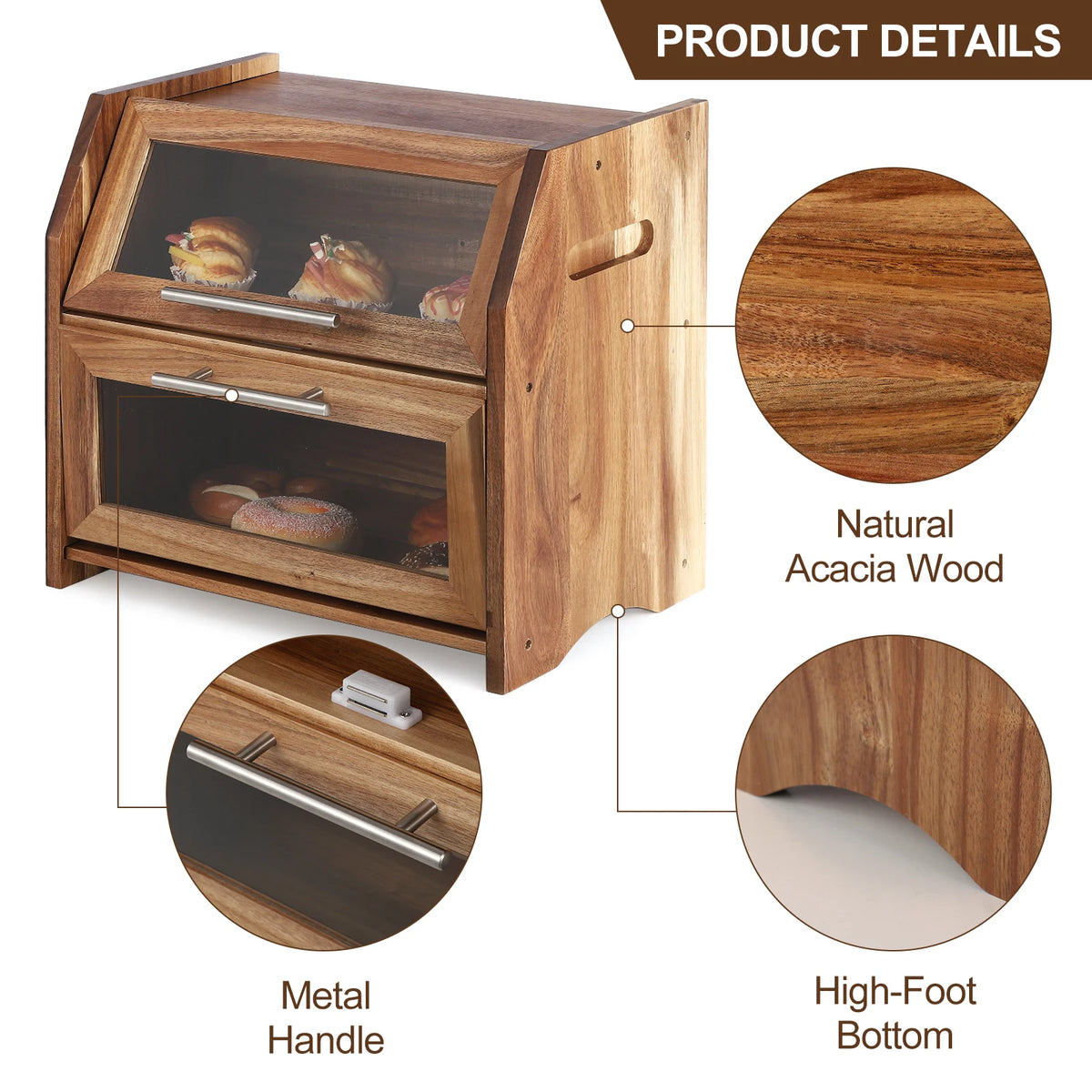 Acacia Wood Bread Box for Kitchen Counter, Double-Layer Bread Storage Bin with Window, Large Capacity Food Storage Keeper for Bread, Pastries and Snacks
