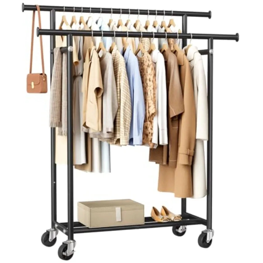 Rolling Double Rod Garment Rack With Wheels For Hanging Clothes
