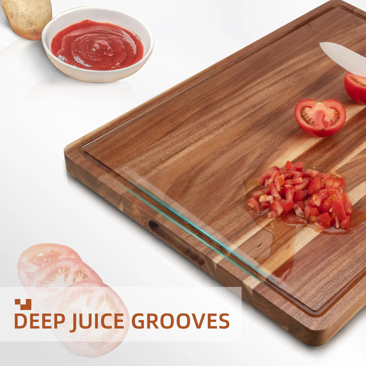 Acacia Wood Cutting Board for Kitchen- Large Wooden Chopping Board with Deep Juice Grooves and Handles for Meat Vegetables