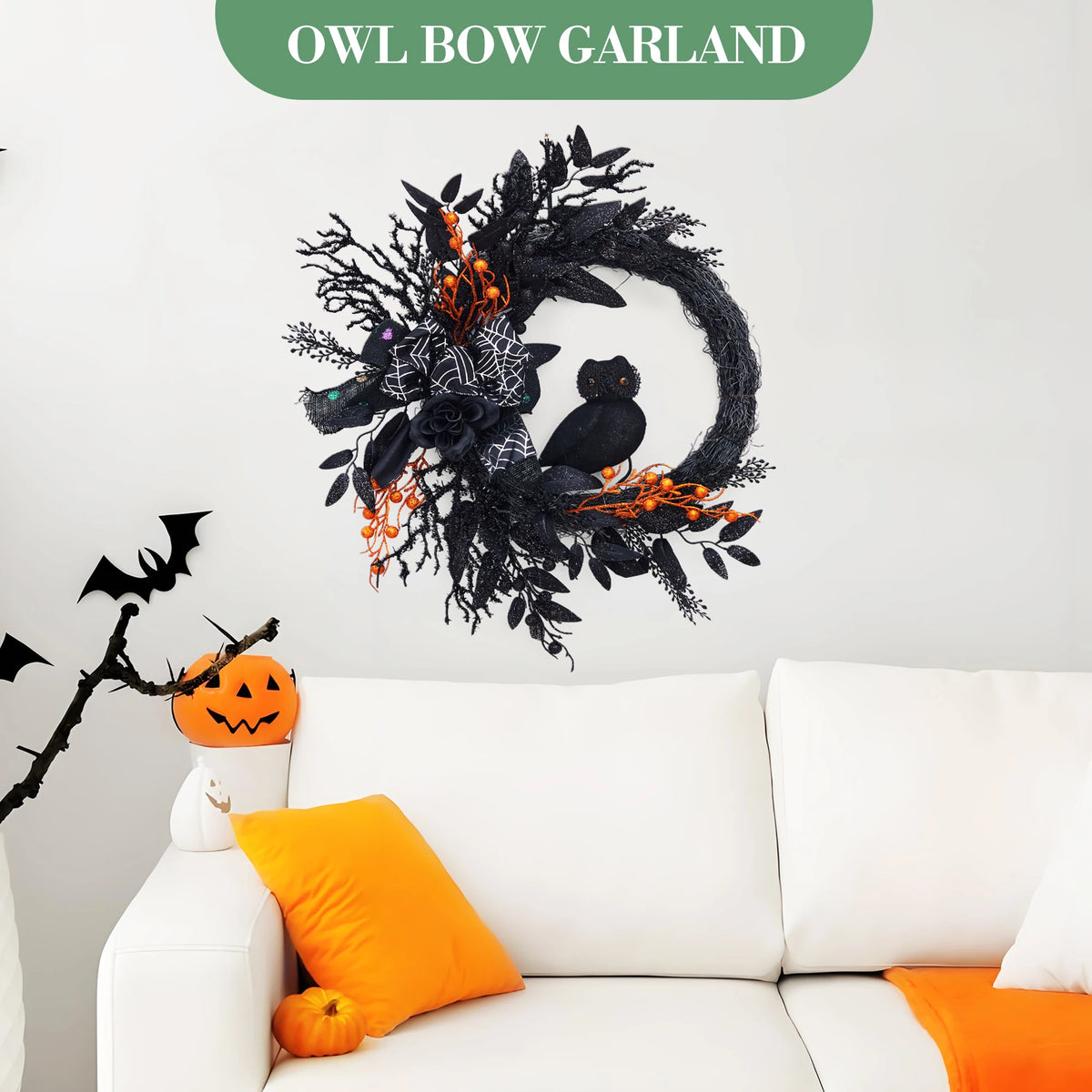 22 Inch Halloween Wreath, Black Artificial Wreath with Owl, Bow, Spider Web, Black Leaves and Orange Berries, Halloween Front Door Wall Decor for Home Party
