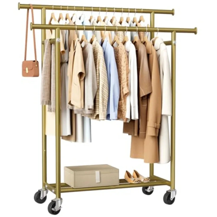 Rolling Double Rod Garment Rack With Wheels For Hanging Clothes