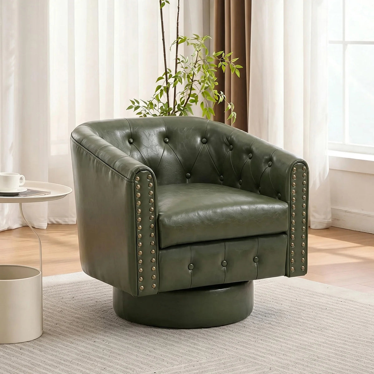 HiMISS Swivel Barrel Accent Chair With Riveted Leather Cushion