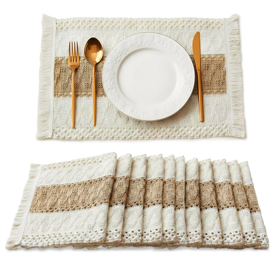 12 PCS Cotton Linen Placemats, Boho Beige Tassel Table Mats for Dining Table Farmhouse Decor
