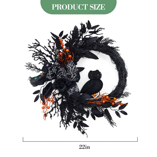22 Inch Halloween Wreath, Black Artificial Wreath with Owl, Bow, Spider Web, Black Leaves and Orange Berries, Halloween Front Door Wall Decor for Home Party