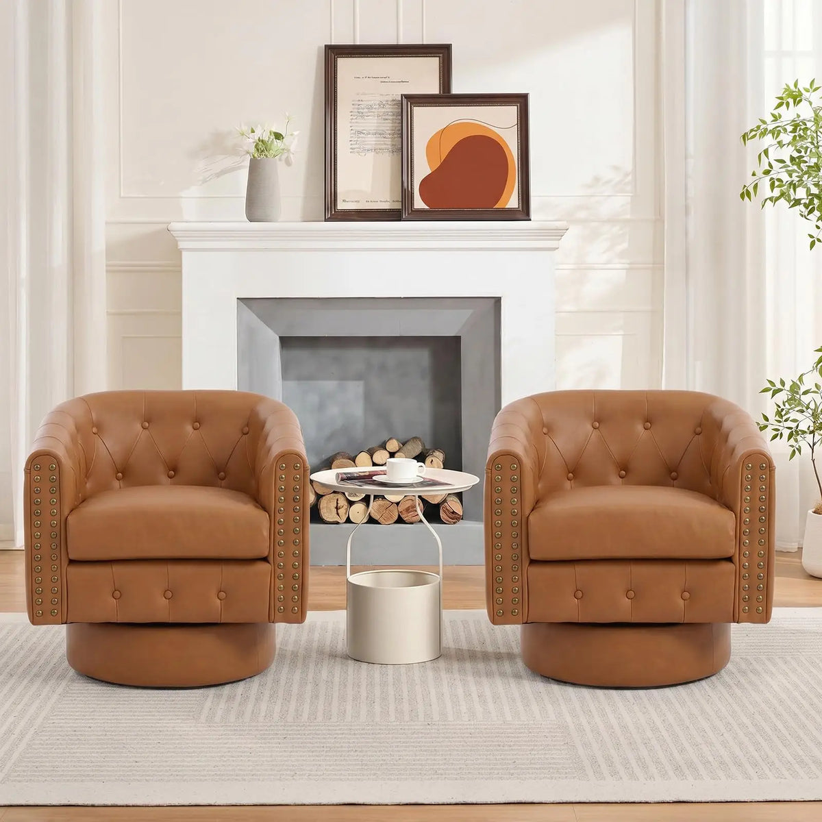 HiMISS Swivel Barrel Accent Chair With Riveted Leather Cushion