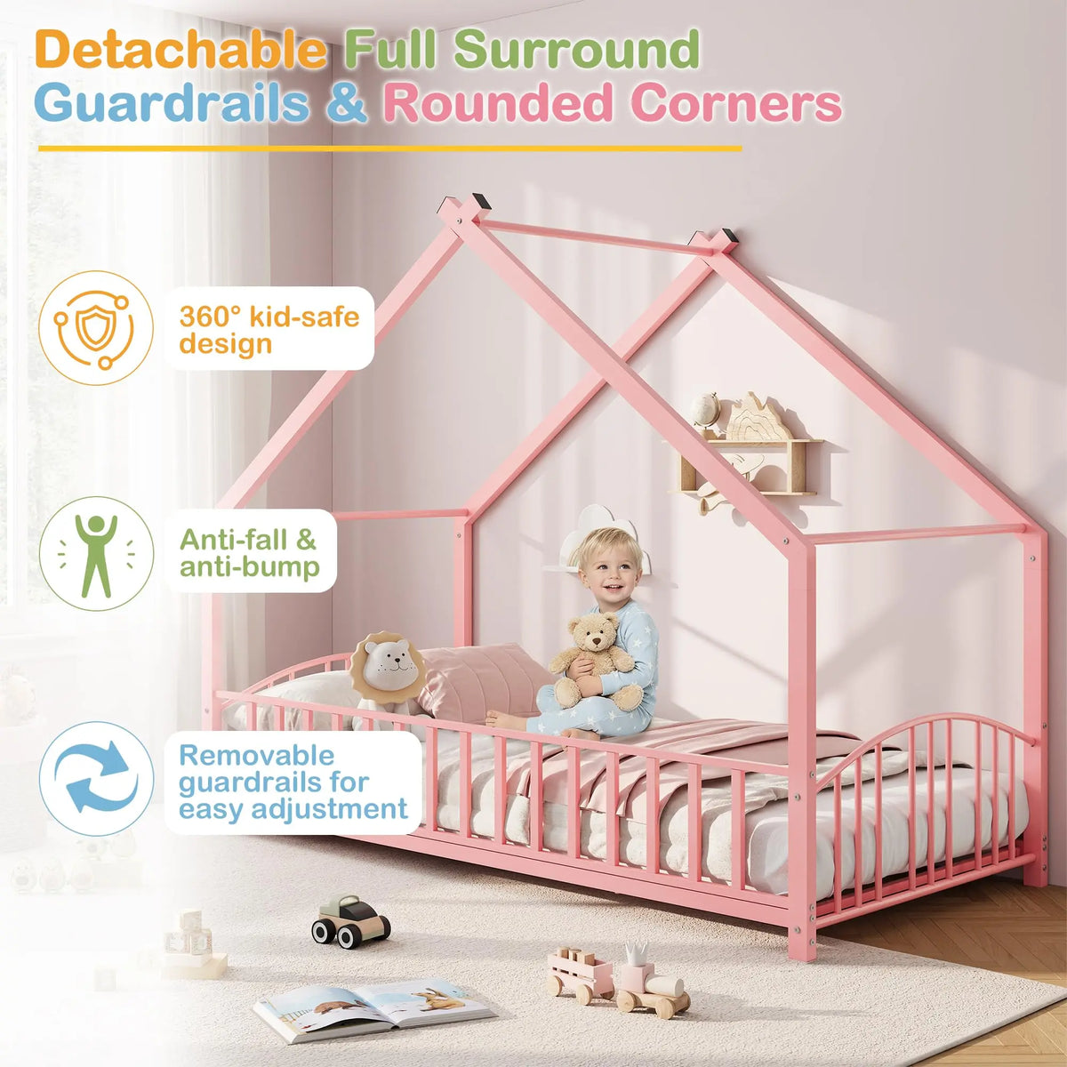HiMISS Twin House Bed Frame With Safety Rails And Roof