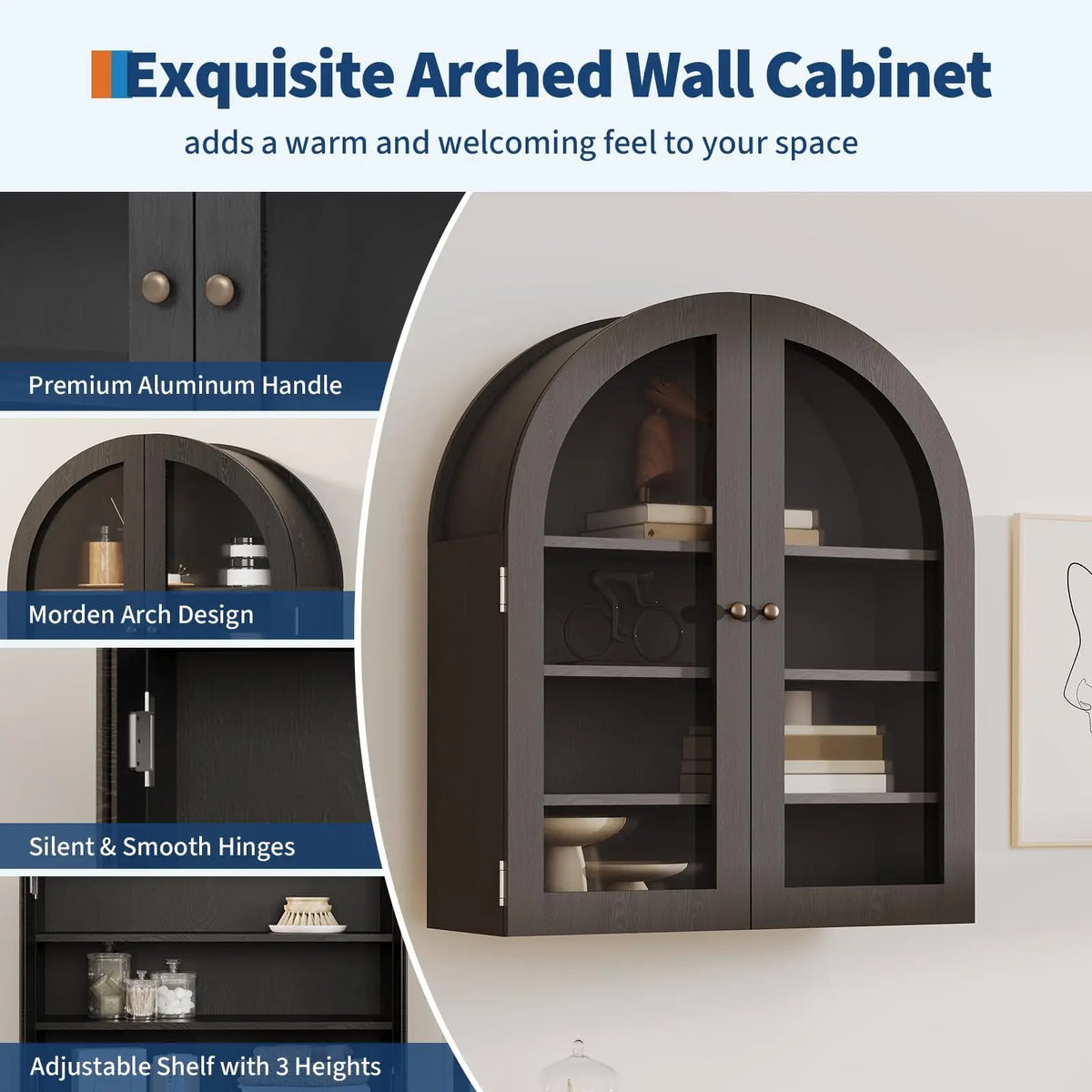 Wooden Arched Wall Cabinet, 24"×9.1"×27.6" Bathroom Kitchen Storage Cabinet, Double Doors Adjustable Shelf Modern Home Display Organizer