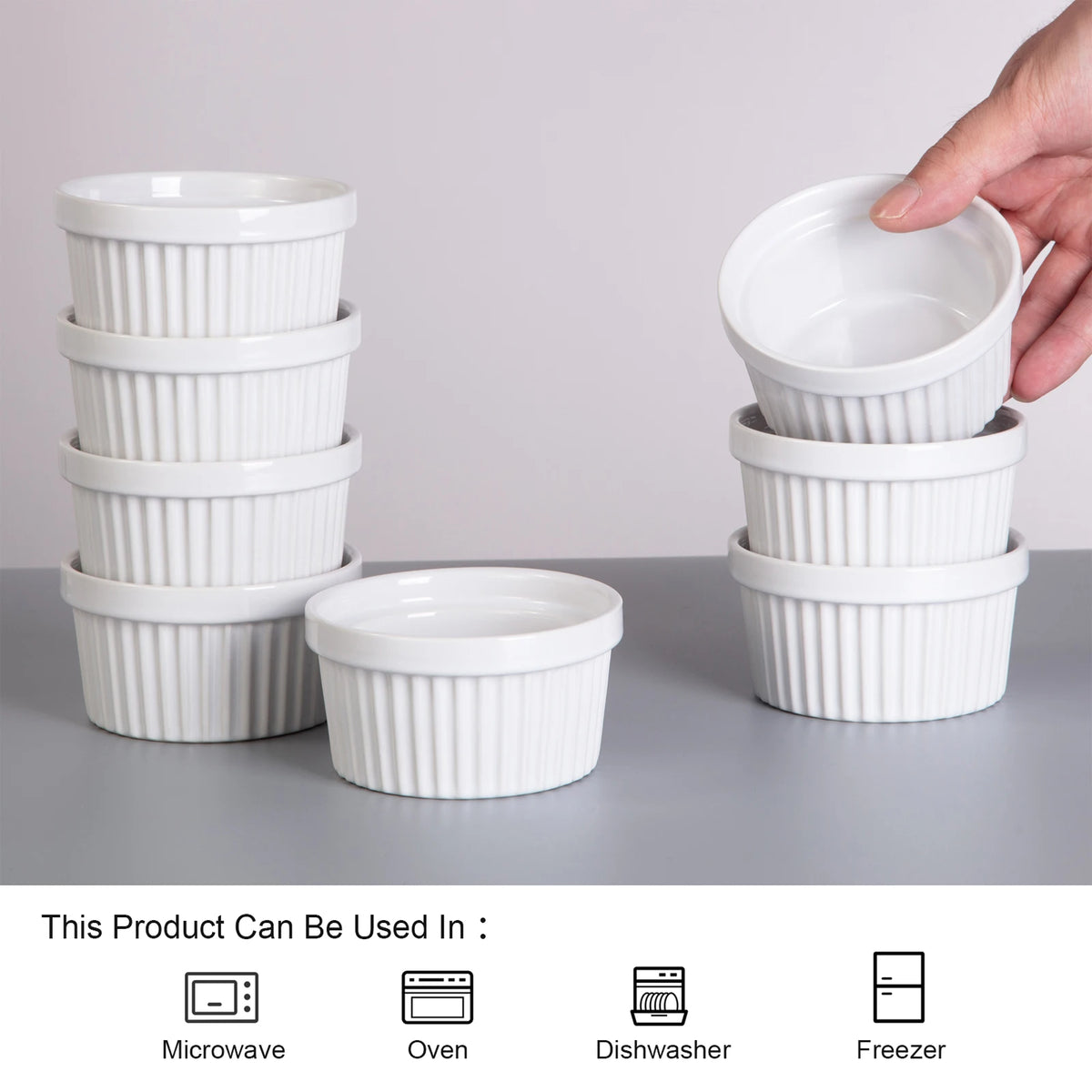 8pcs 4 Inch White Ceramic Ramekin Bowls Set, Oven Microwave Freezer Dishwasher Safe Porcelain Ramekins for Crème Brûlée Pudding Dessert Souffle