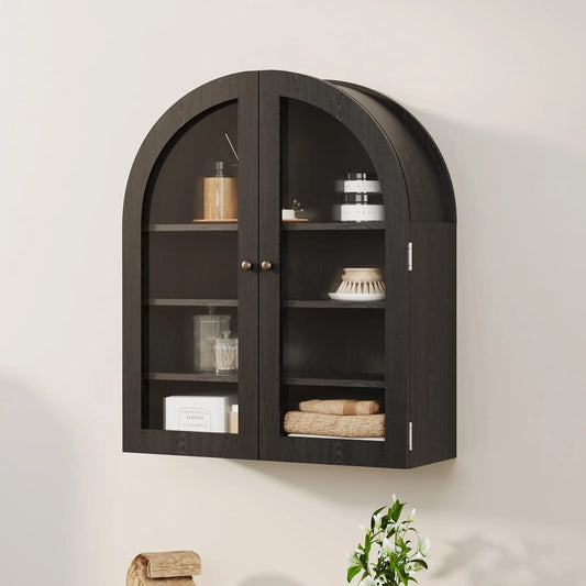 Wooden Arched Wall Cabinet, 24"×9.1"×27.6" Bathroom Kitchen Storage Cabinet, Double Doors Adjustable Shelf Modern Home Display Organizer
