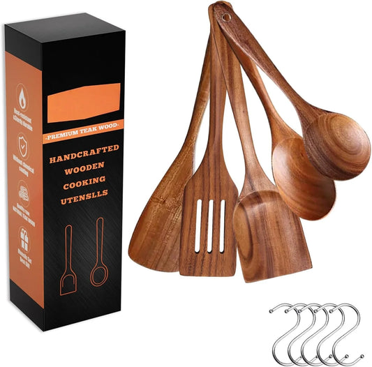 Natural Teak Wooden Kitchen Utensil Set Heat Resistant Nonstick Cookware
