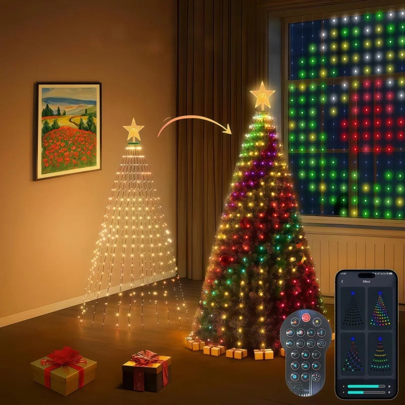 RGB Christmas Tree Waterfall Lights With Star Topper Remote Control