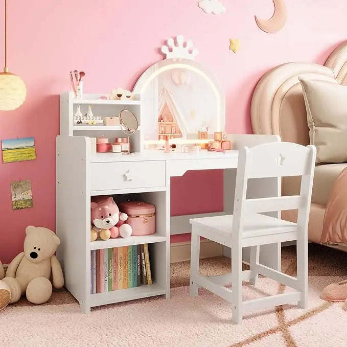 HiMISS Kids Vanity Desk With Lights And Chair For Girls