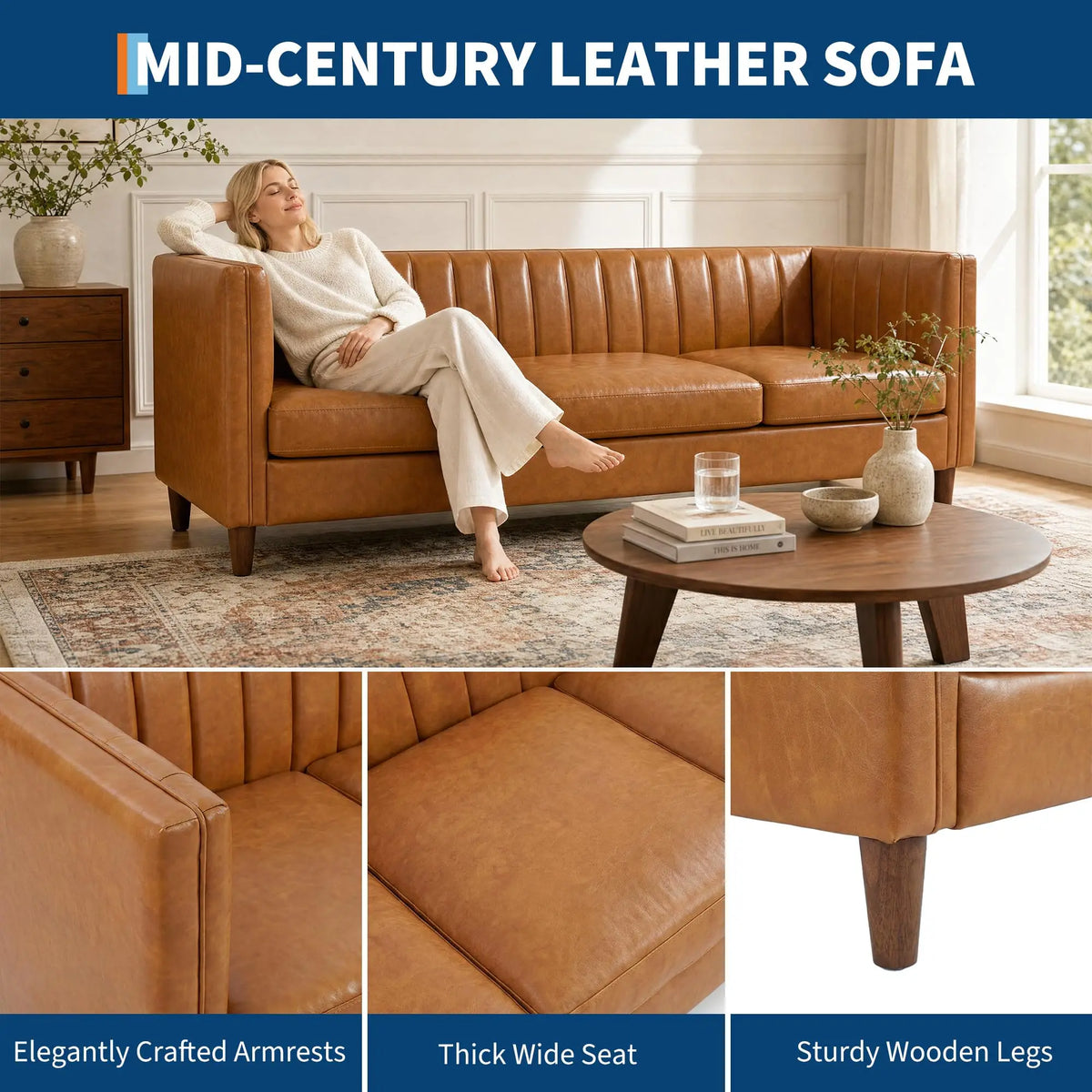 HiMISS Mid Century Modern Faux Leather Three Seat Sofa