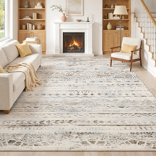 Soft Velvet Washable Tribal Geometric Indoor Area Rug with Non Slip Backing