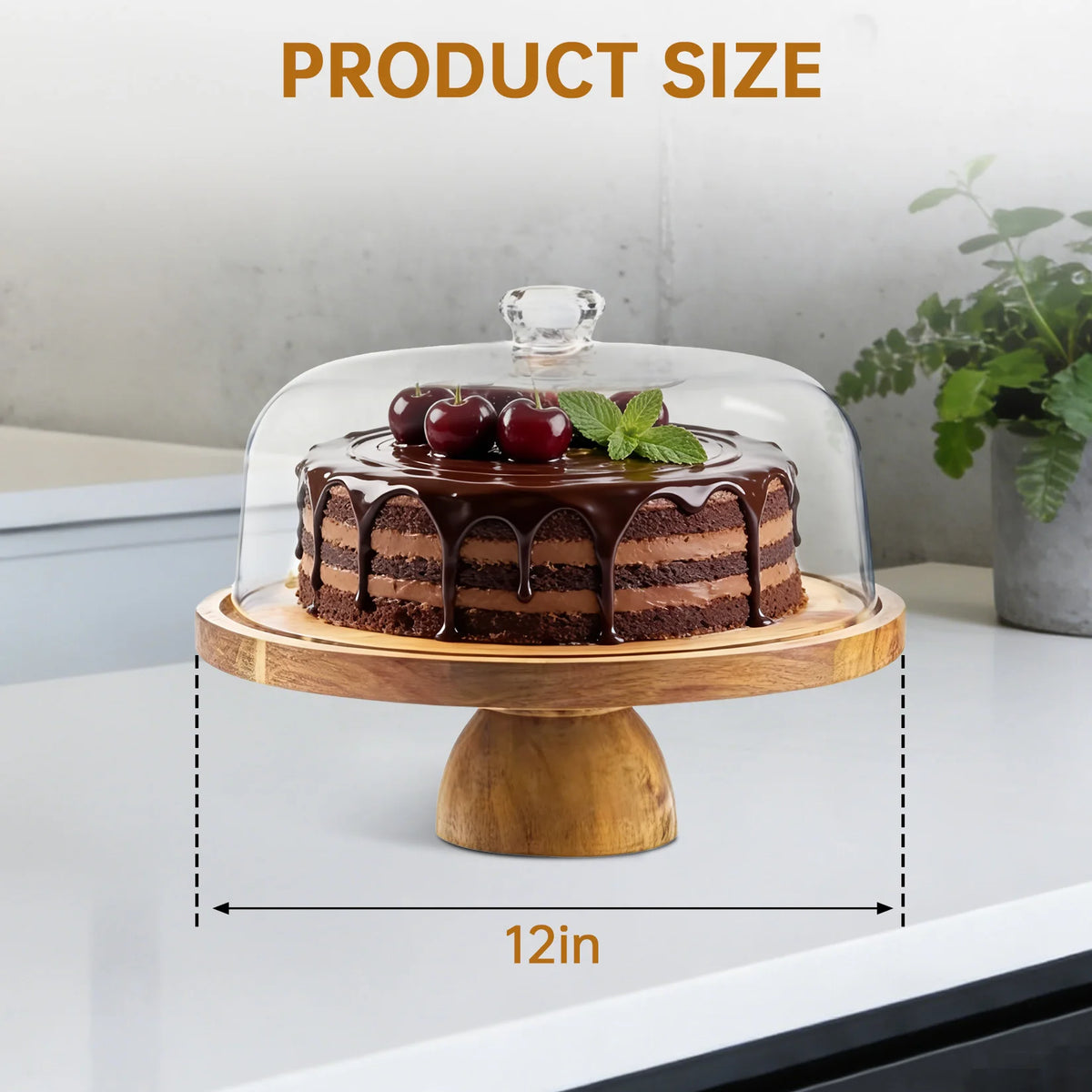 12inch Acacia Wood Cake Stand with Clear Lid, Round Wooden Dessert Display Plate, Food‑Grade Charcuterie Board for Party Wedding Bakery