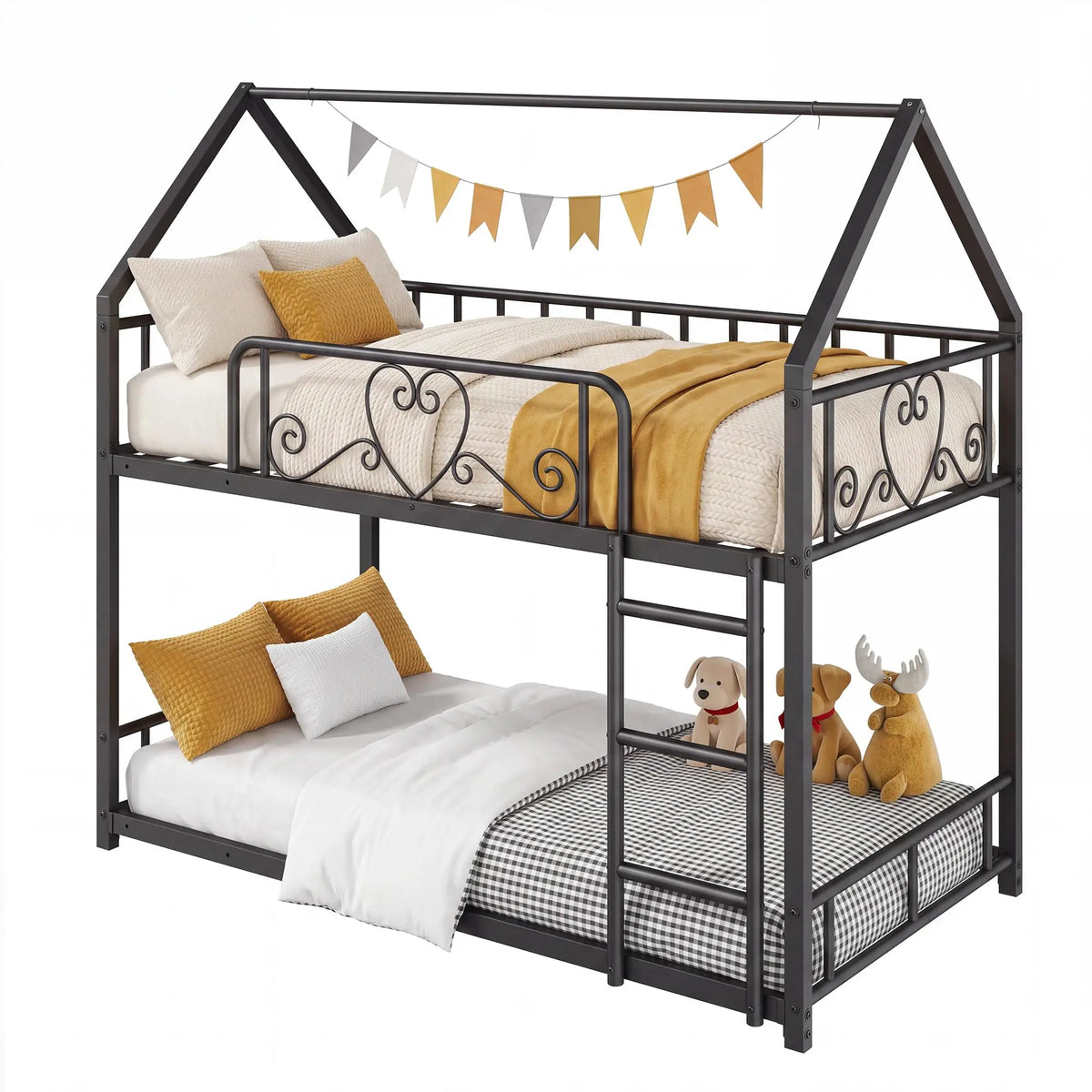 HiMISS House Style Metal Bunk Bed With Ladder And Guardrails