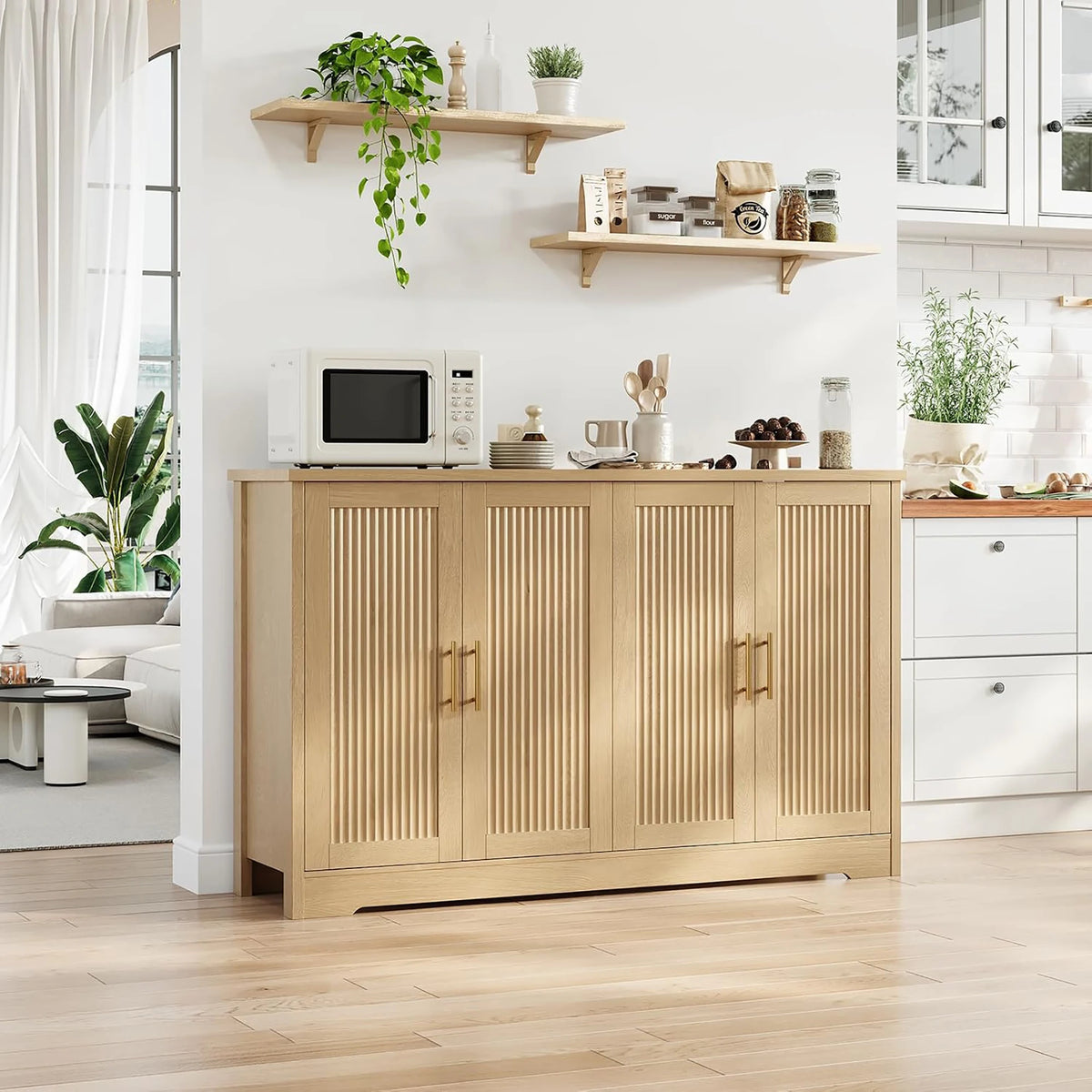 HiMISS Fluted Sideboard Cabinet With Adjustable Shelves And Wine Rack
