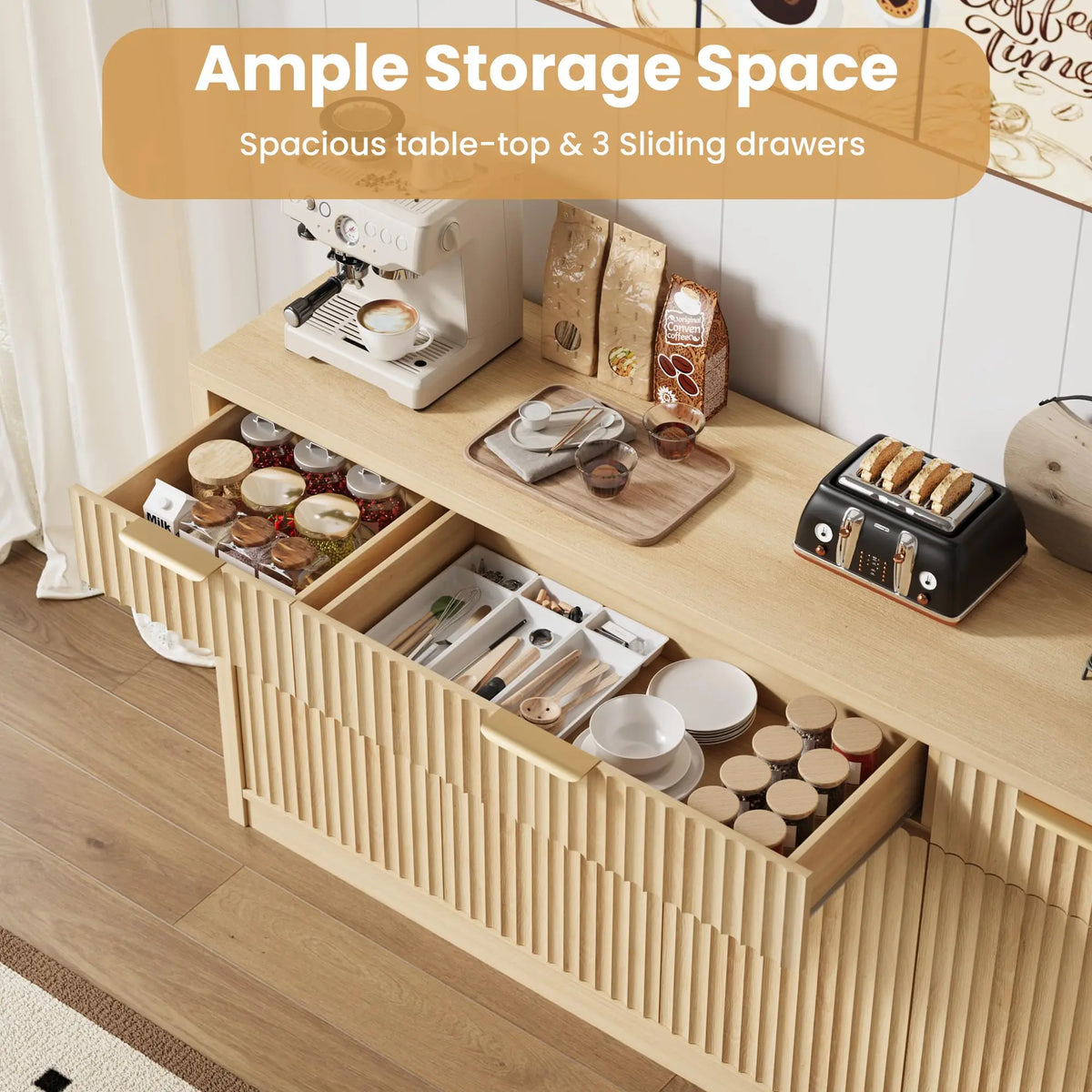 HiMISS Modern Fluted Sideboard Cabinet With Drawers And Adjustable Shelves