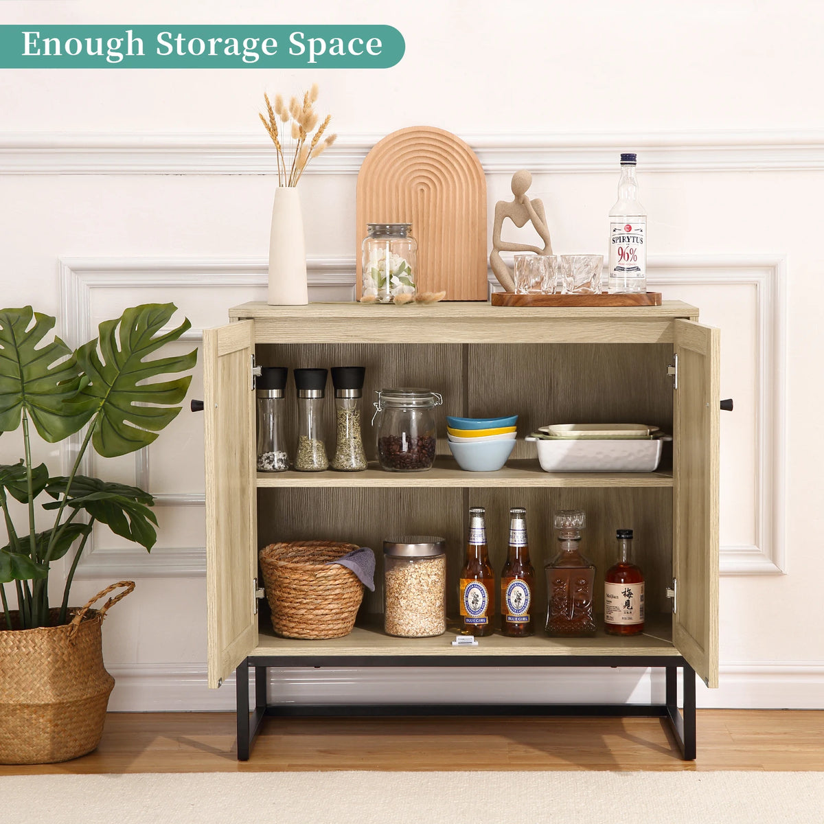 HiMISS Rattan Sideboard Buffet Cabinet With Adjustable Storage Shelves