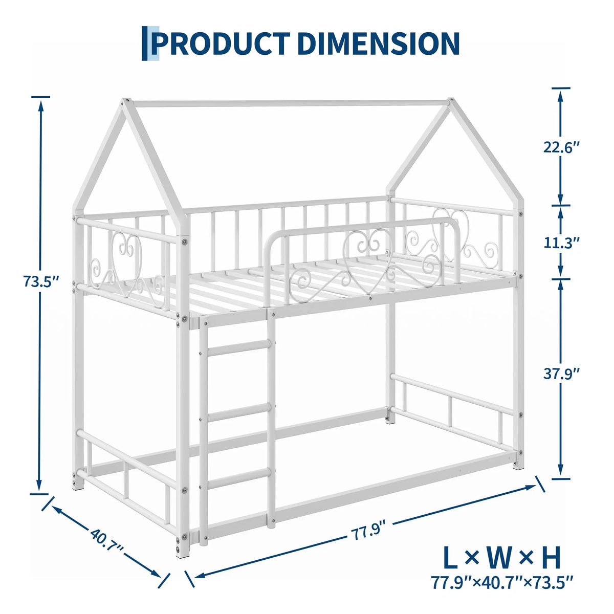 HiMISS House Style Metal Bunk Bed With Ladder And Guardrails