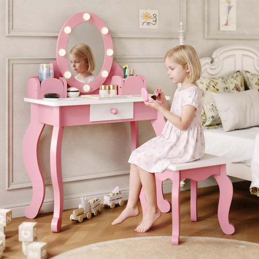 HiMISS Kids Wooden Vanity Set With Lighted Mirror And Storage