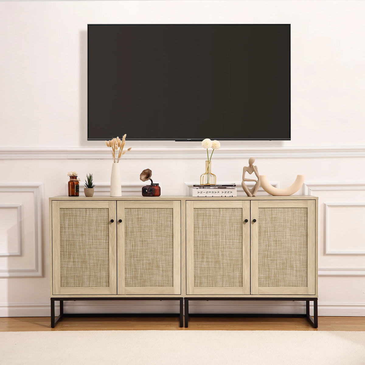 HiMISS Rattan Sideboard Buffet Cabinet With Adjustable Storage Shelves