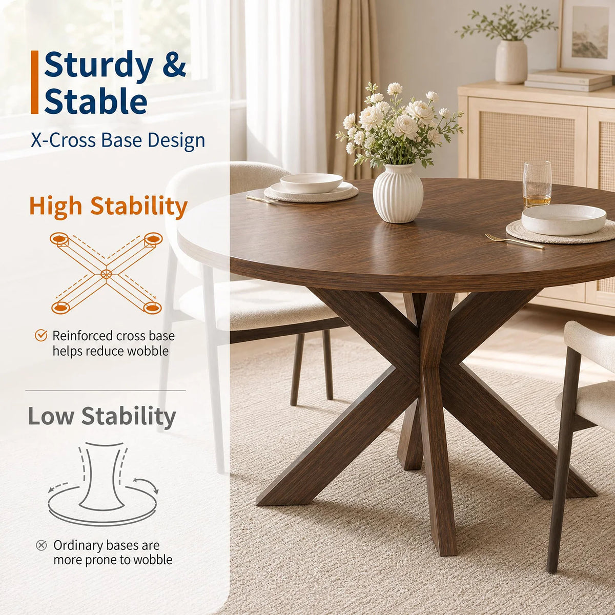 HiMISS Farmhouse Round Dining Table With X Pedestal Base