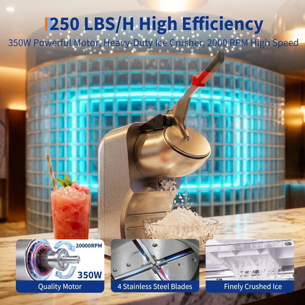 350W Electric Ice Crusher Machine, 250LBS/H Commercial Ice Shaver with 4 Blades, 20000RPM Snow Cone Maker for Shaved Ice, Smoothies and Cocktails