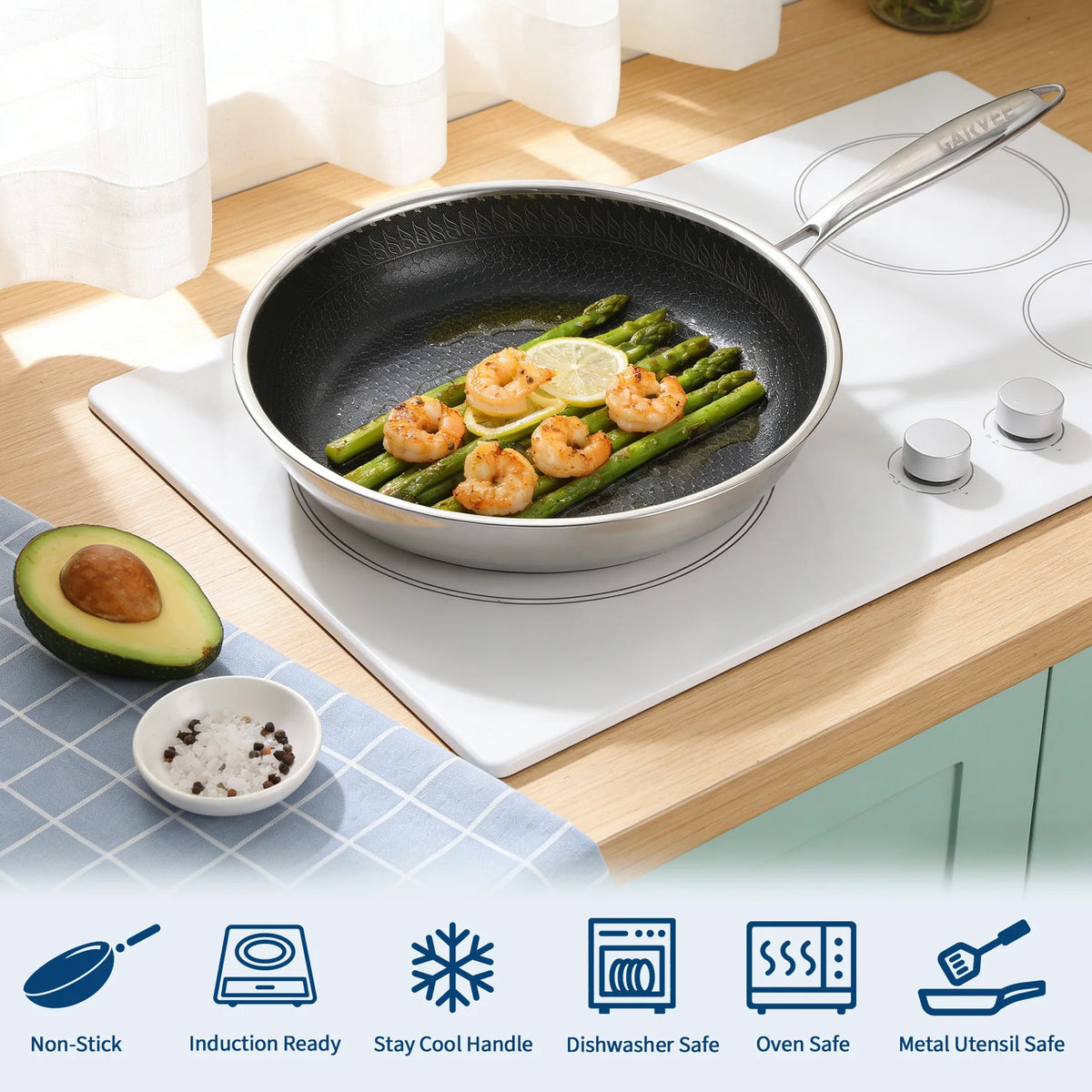 6 Piece Non-Stick Stainless Steel Pan Set, 8"/10"/12" Frying Pans with Glass Lids, Induction Oven Safe Cookware Set for Gas, Electric and Oven
