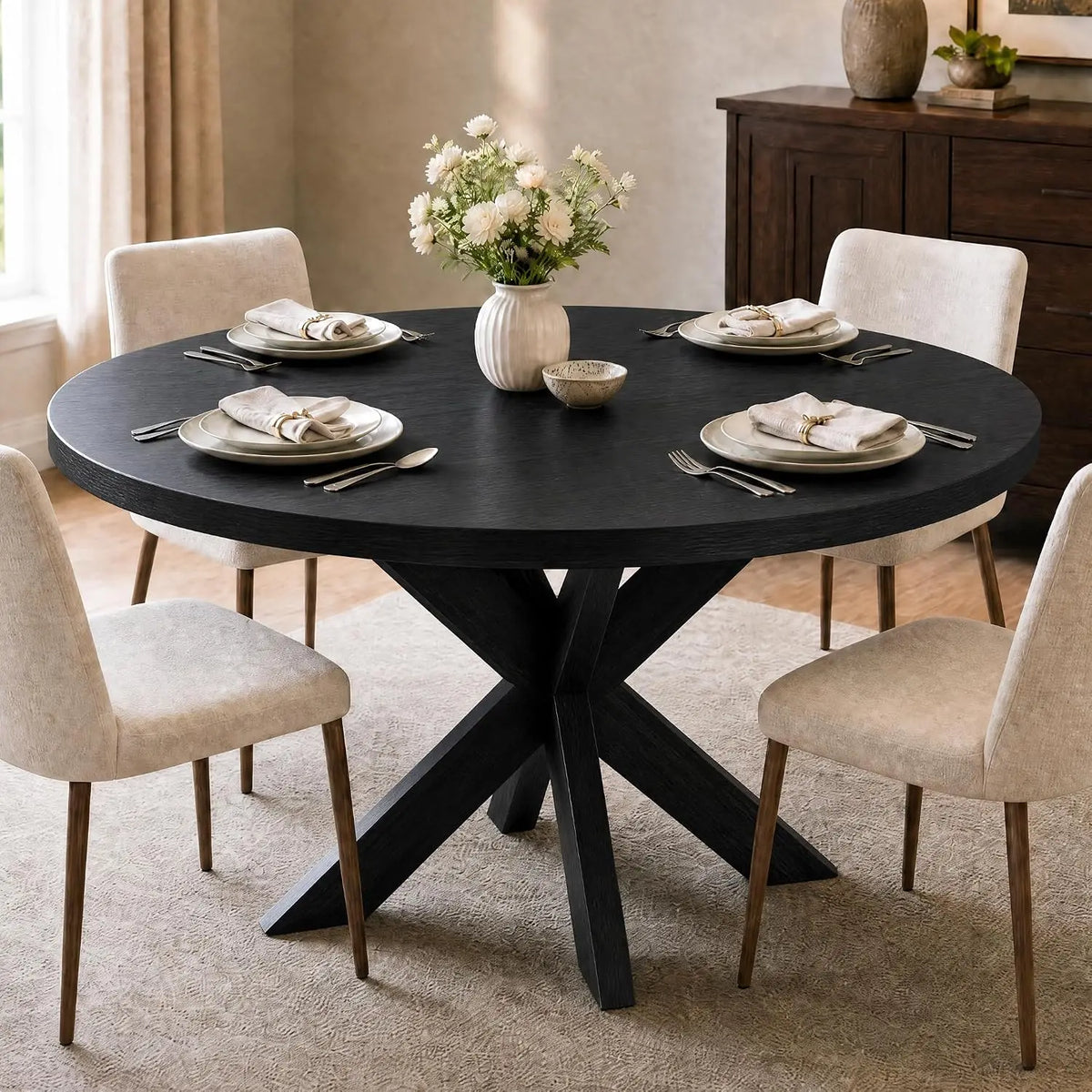 HiMISS Farmhouse Round Dining Table With X Pedestal Base