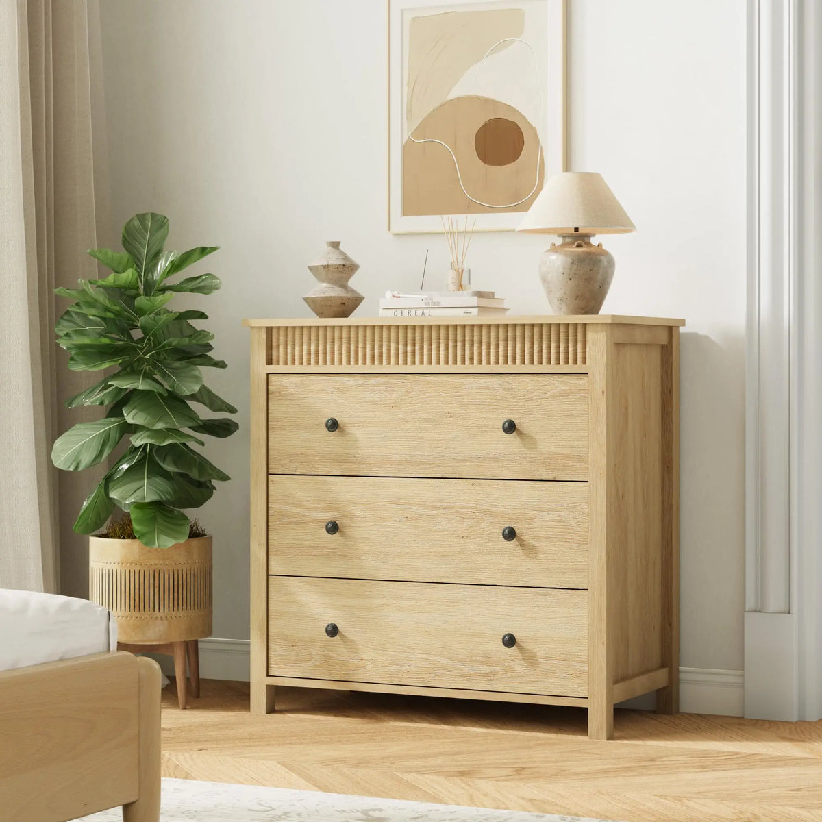 HiMISS Fluted Nightstand With Three Drawers For Bedroom Storage
