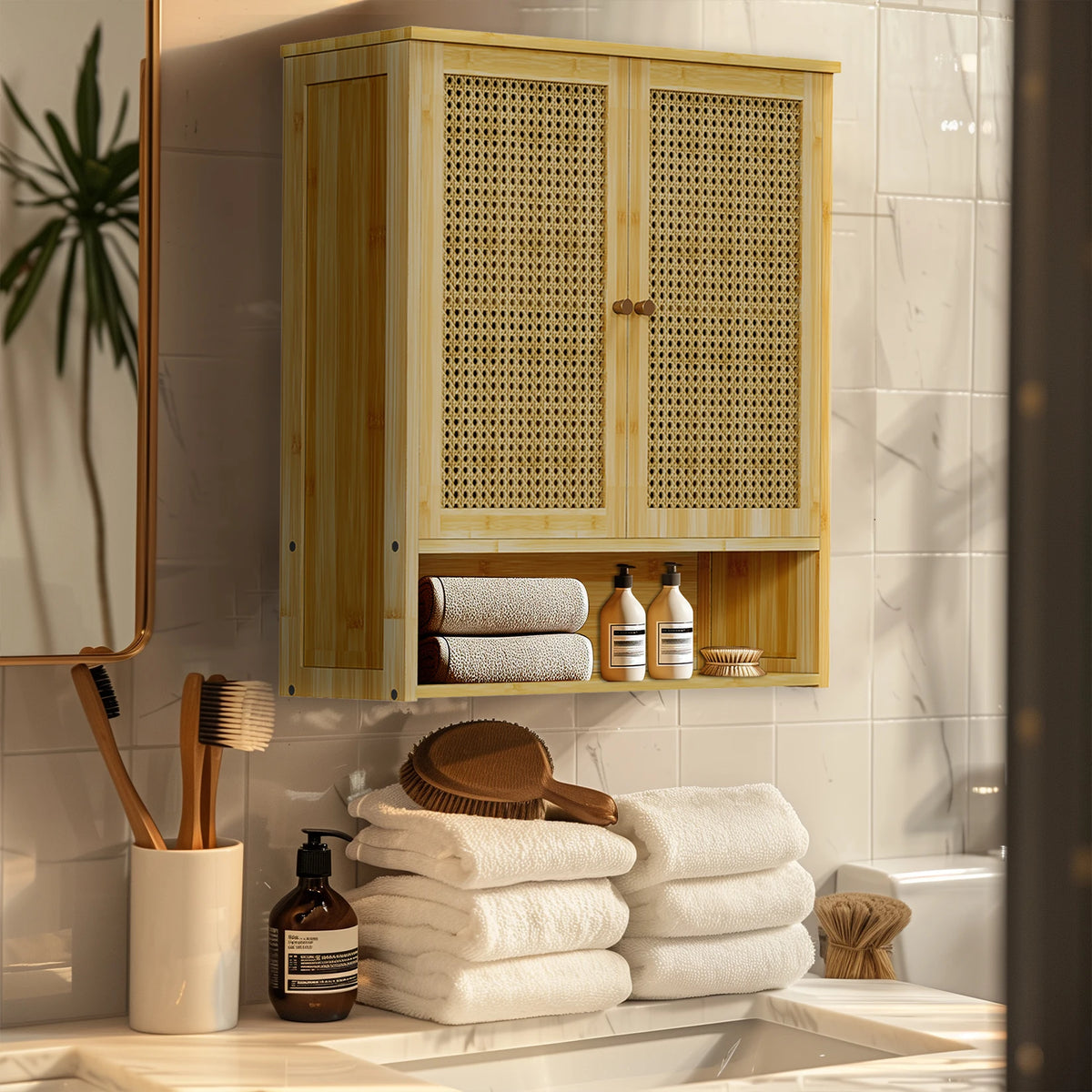 Wisfor Wall Mounted Bamboo Medicine Cabinet With Two Rattan Doors
