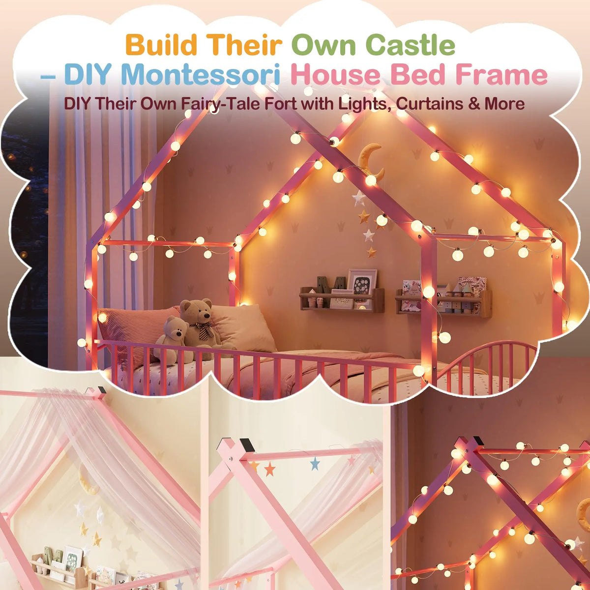 HiMISS Twin House Bed Frame With Safety Rails And Roof