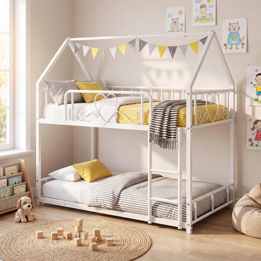 HiMISS House Style Metal Bunk Bed With Ladder And Guardrails