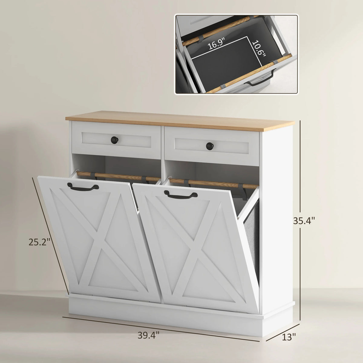 HOMCOM Double Tilt Out Laundry Hamper Cabinet With Removable Baskets