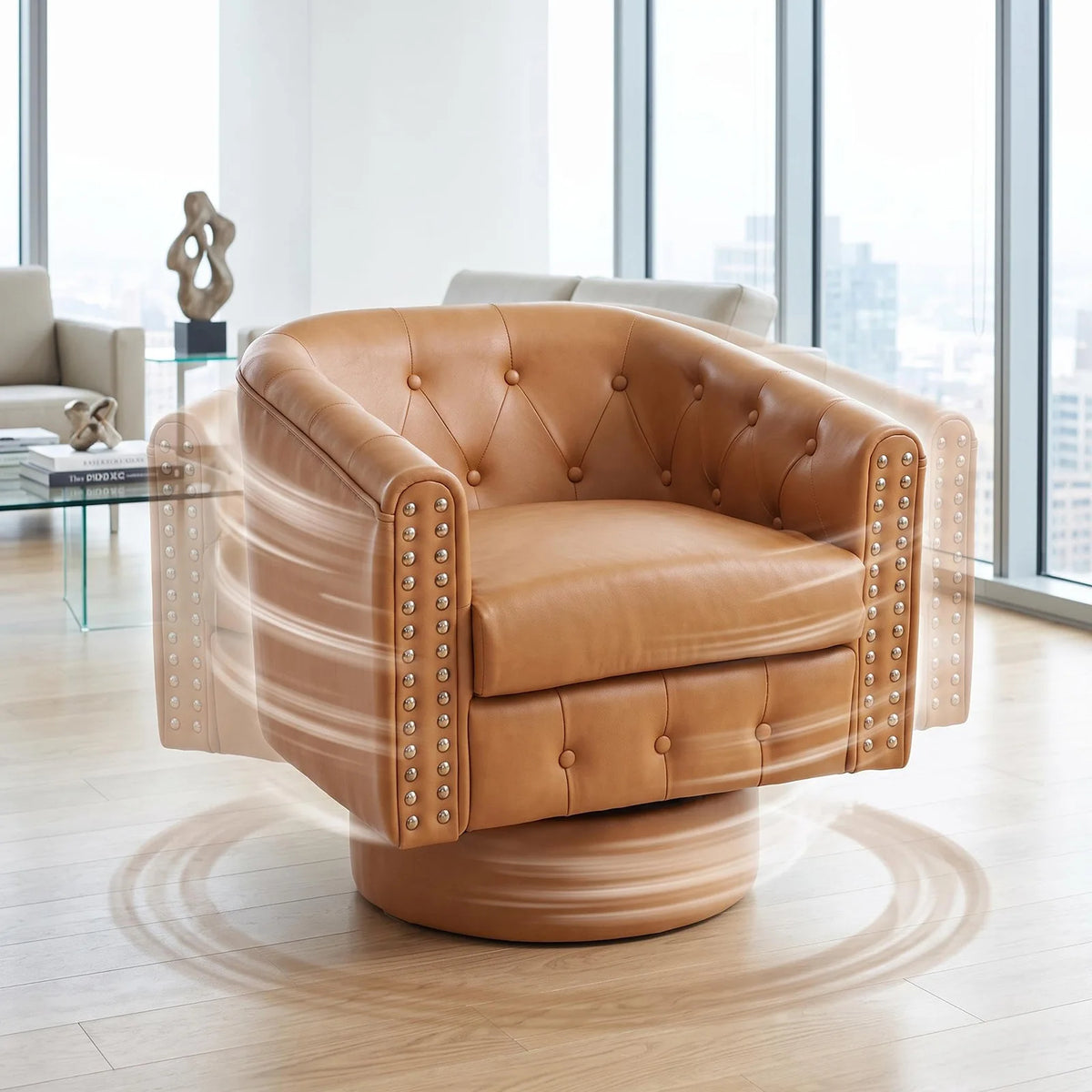 HiMISS Swivel Barrel Accent Chair With Riveted Leather Cushion