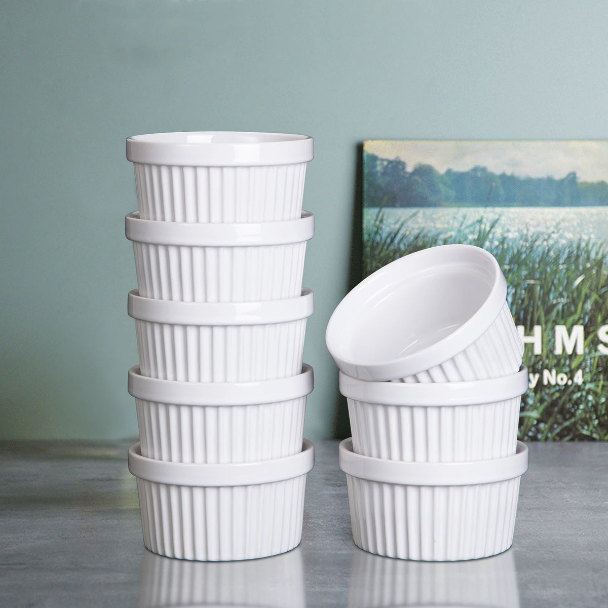 8pcs 4 Inch White Ceramic Ramekin Bowls Set, Oven Microwave Freezer Dishwasher Safe Porcelain Ramekins for Crème Brûlée Pudding Dessert Souffle
