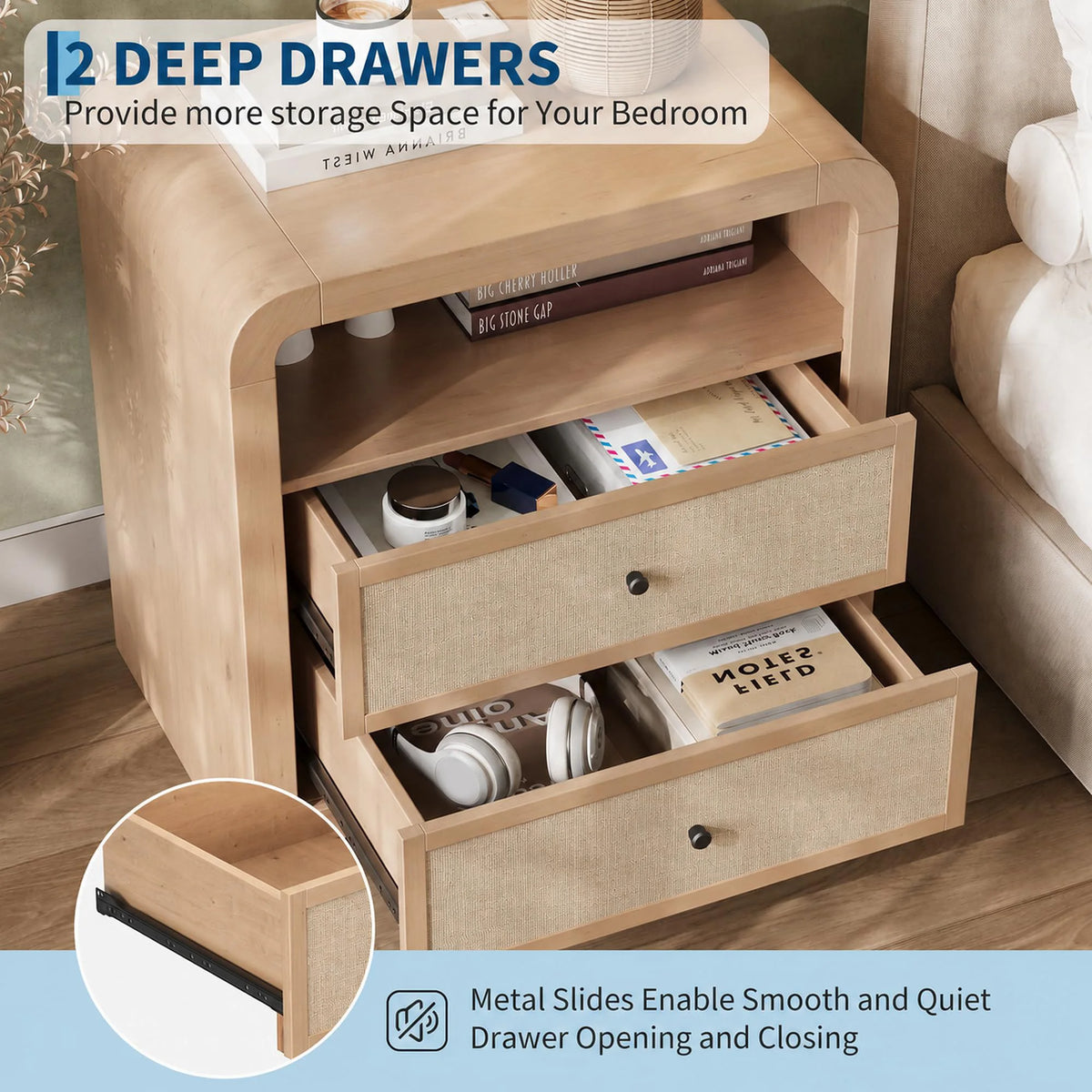 HiMISS Charging Nightstand With Two Drawers USB Ports And Outlets
