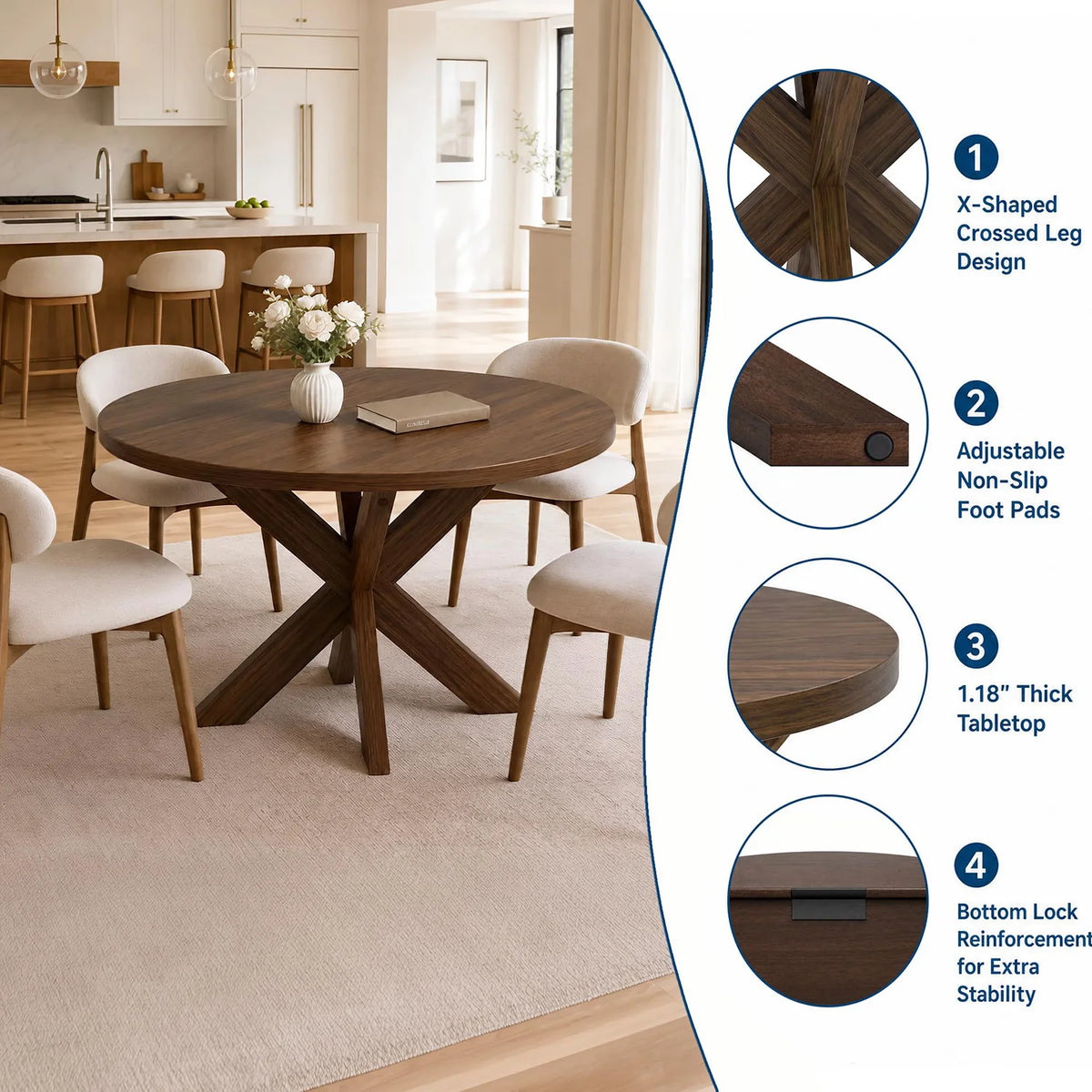 HiMISS Farmhouse Round Dining Table With X Pedestal Base