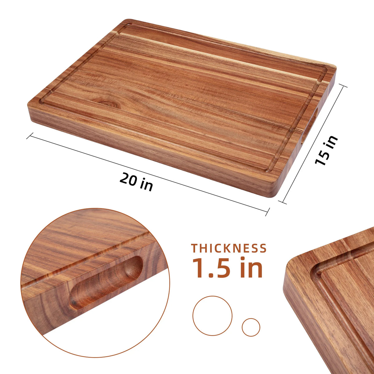 Acacia Wood Cutting Board for Kitchen- Large Wooden Chopping Board with Deep Juice Grooves and Handles for Meat Vegetables