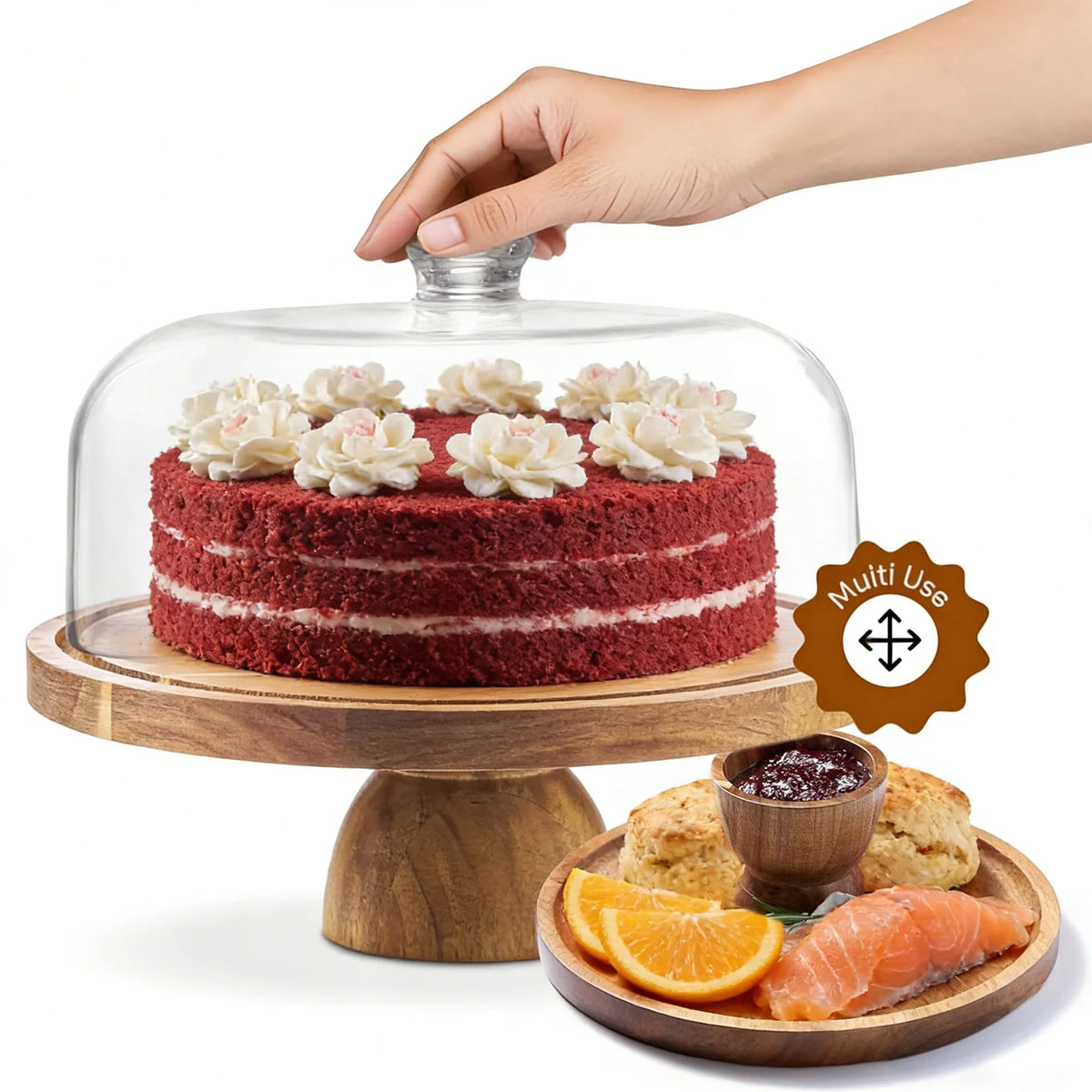 12inch Acacia Wood Cake Stand with Clear Lid, Round Wooden Dessert Display Plate, Food‑Grade Charcuterie Board for Party Wedding Bakery
