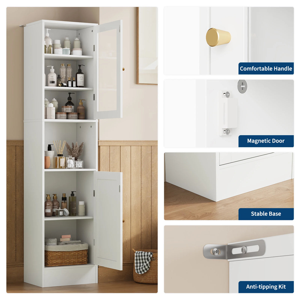 HOSSLLY Slim Bathroom Cabinet With Glass Doors And Adjustable Shelves