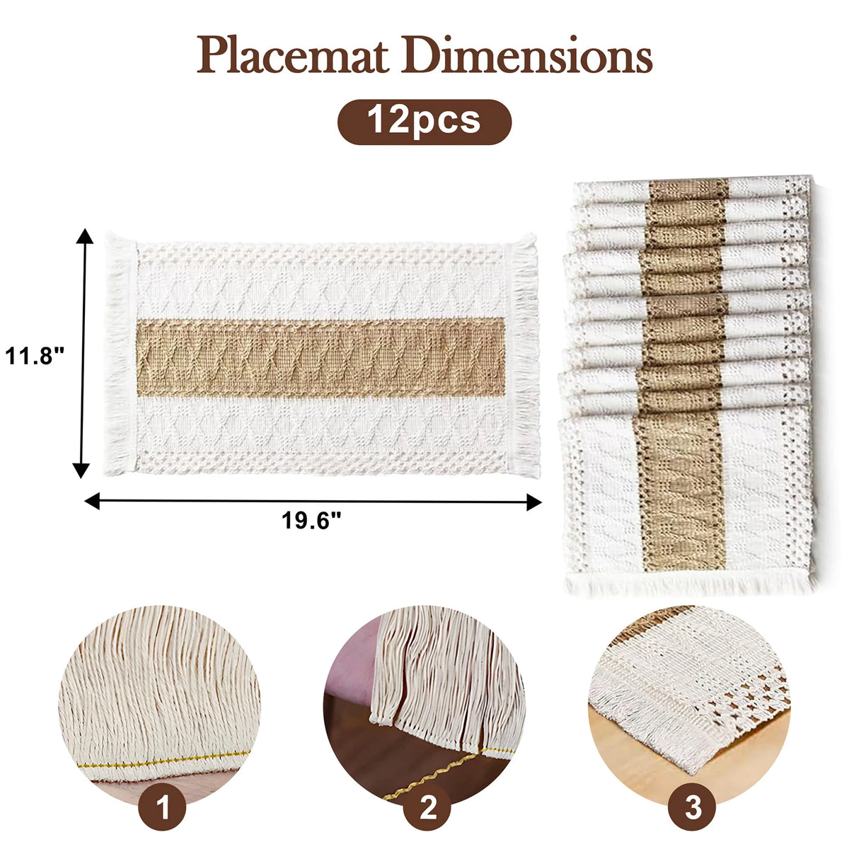 12 PCS Cotton Linen Placemats, Boho Beige Tassel Table Mats for Dining Table Farmhouse Decor