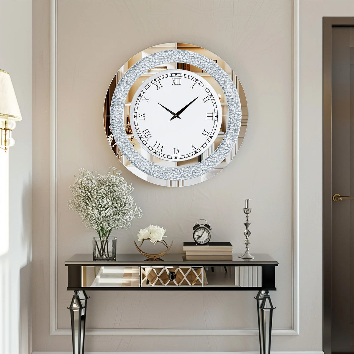 Luxury Mirrored Wall Clock With Crystal Accents Silent Quartz Movement